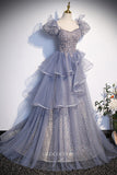 Shimmering Ruffled Beaded Prom Dress with Puffed Sleeve 22260-Prom Dresses-vigocouture-Blush-Custom Size-vigocouture