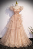 Shimmering Ruffled Beaded Prom Dress with Puffed Sleeve 22260-Prom Dresses-vigocouture-Blush-Custom Size-vigocouture