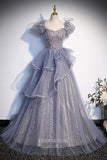 Shimmering Ruffled Beaded Prom Dress with Puffed Sleeve 22260-Prom Dresses-vigocouture-Grey-Custom Size-vigocouture