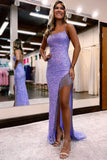 Shimmering Sequin Mermaid Prom Dress with Spaghetti Strap and High Slit 22234-Prom Dresses-vigocouture-Lavender-Custom Size-vigocouture