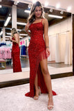 Shimmering Sequin Mermaid Prom Dress with Spaghetti Strap and High Slit 22234-Prom Dresses-vigocouture-Red-Custom Size-vigocouture