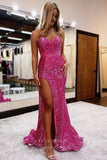 Shimmering Strapless Sequin Mermaid Prom Dress with High Slit and Sweetheart Neck 22217-Prom Dresses-vigocouture-Fuchsia-Custom Size-vigocouture