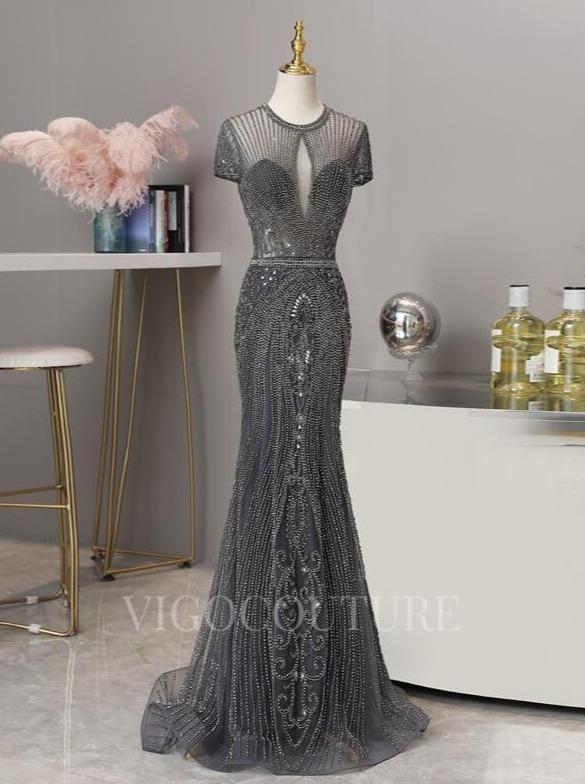 vigocouture-Short Sleeve Beaded Prom Dresses Mermaid Round Neck Evening Dress 20140-Prom Dresses-vigocouture-