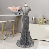 vigocouture-Short Sleeve Beaded Prom Dresses Mermaid Round Neck Evening Dress 20140-Prom Dresses-vigocouture-