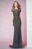 vigocouture-Short Sleeve Beaded Prom Dresses Mermaid Round Neck Evening Dress 20140-Prom Dresses-vigocouture-Grey-US2-