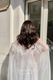 Silver Beaded Cape Sleeve Prom Dress with V-Neck and Feathers 22249-Prom Dresses-vigocouture-Silver-US2-vigocouture