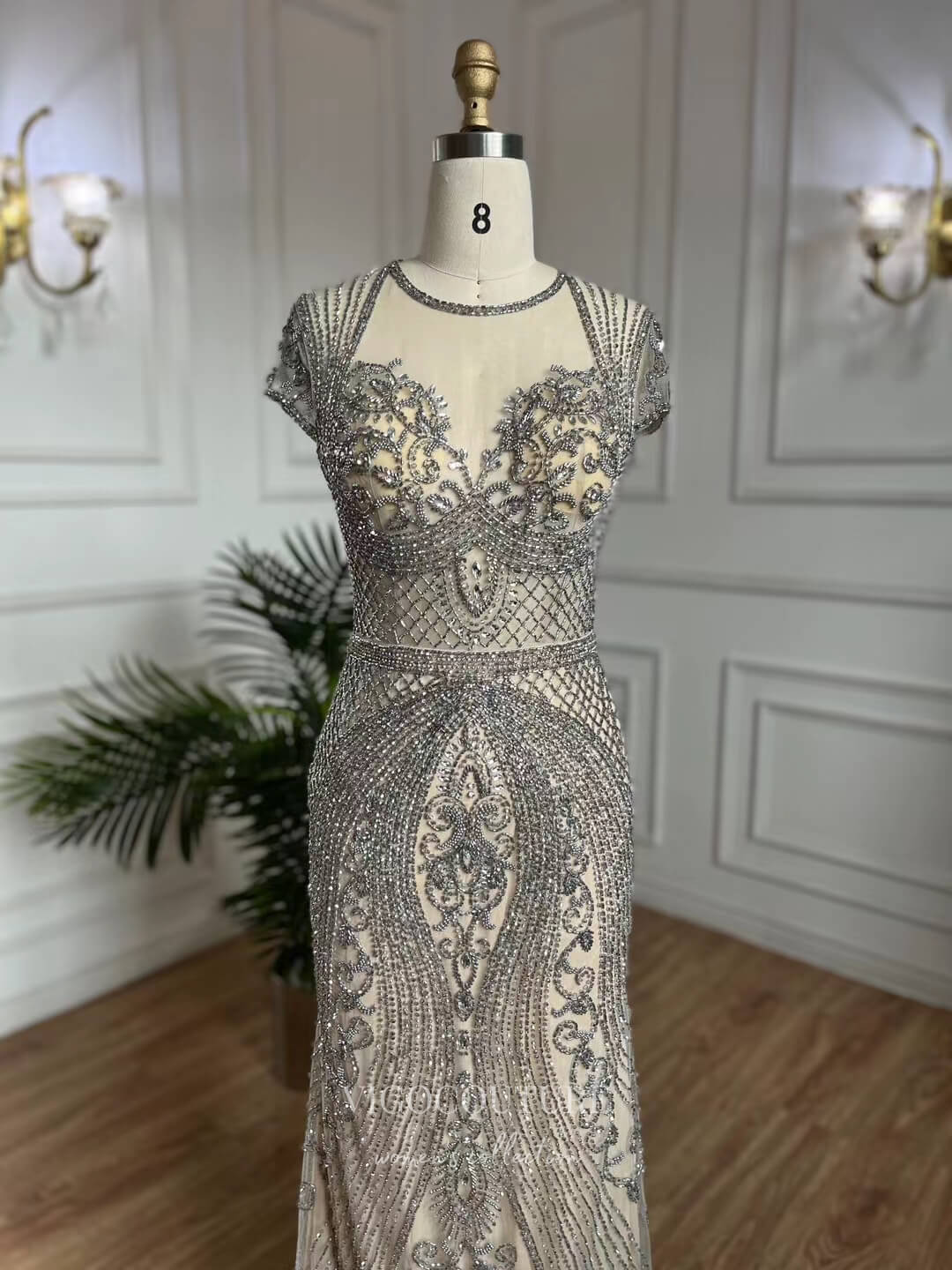 Silver Beaded Lace Prom Dresses Cap Sleeve 1920s Evening Dress 22126-Prom Dresses-vigocouture-Silver-US2-vigocouture