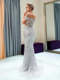 vigocouture-Silver Beaded Mermaid Off the Shoulder Prom Dress 20294-Prom Dresses-vigocouture-