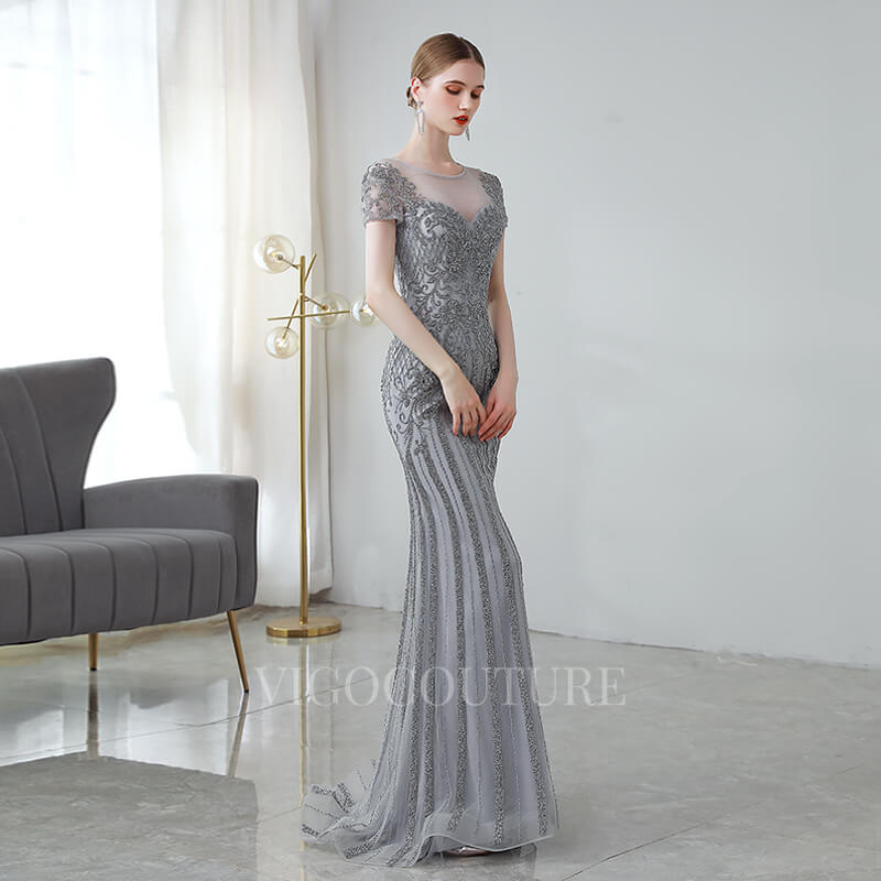 vigocouture-Silver Beaded Mermaid Prom Dress 20161-Prom Dresses-vigocouture-