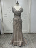 Silver Beaded Prom Dresses Cap Sleeve Mermaid Evening Dress 22066-Prom Dresses-vigocouture-Silver-US2-vigocouture