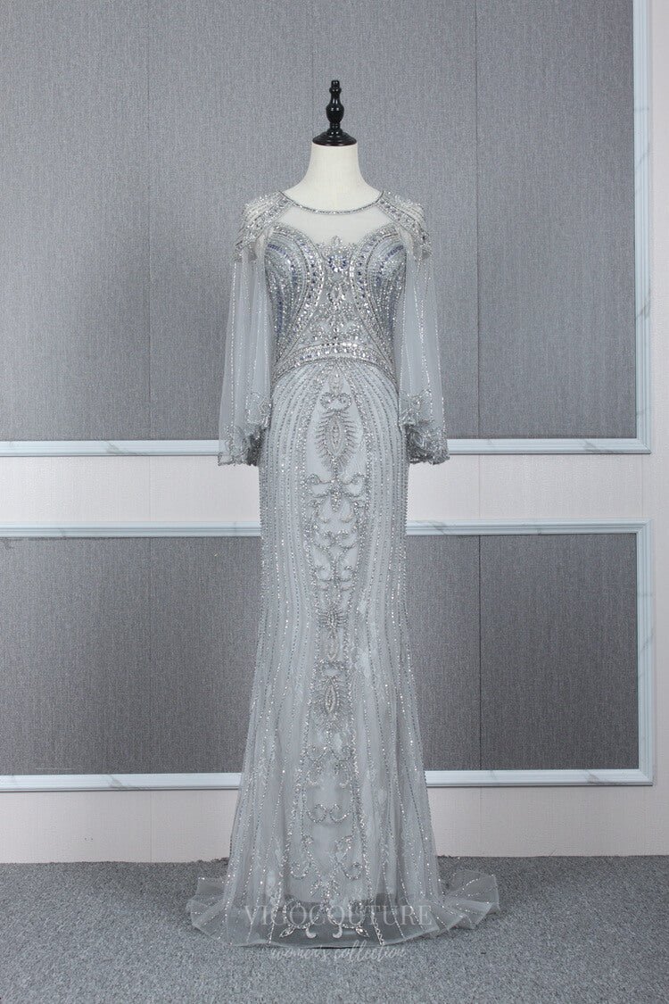 vigocouture-Silver Beaded Prom Dresses Long Sleeve Evening Dresses 20765-Prom Dresses-vigocouture-Silver-US2-