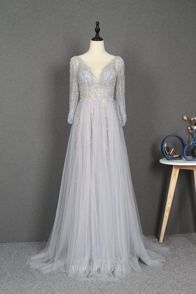 vigocouture-Silver Beaded V-Neck Long Sleeve Prom Dresses 20752-Prom Dresses-vigocouture-Silver-US2-