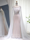 Silver Cape Sleeve Prom Dresses Sheath Feather Mother of the Bride Dress 22156