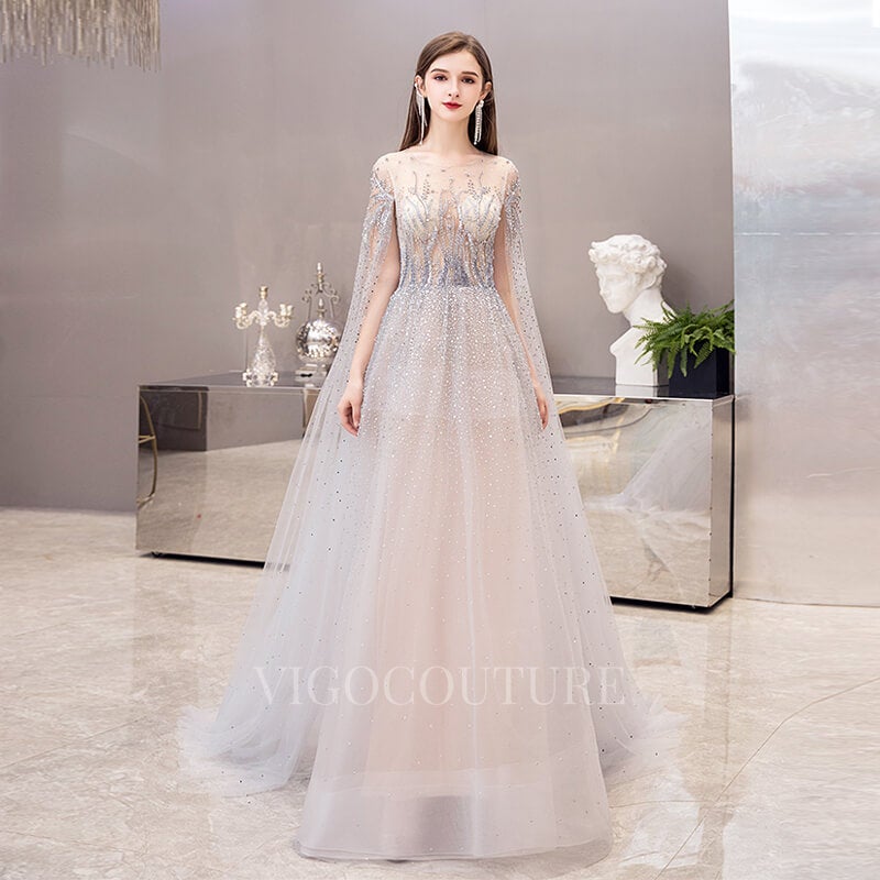 vigocouture-Silver Extra Long Sleeves Beaded Prom Dresses 20012-Prom Dresses-vigocouture-