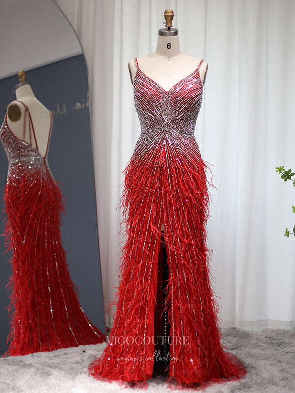 Silver Feather Prom Dresses Mermaid Formal Dresses 21510-Prom Dresses-vigocouture-Red-US2-vigocouture