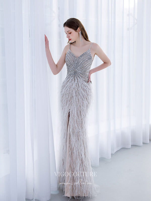 vigocouture-Silver Feather Prom Dresses Mermaid Formal Dresses 21510-Prom Dresses-vigocouture-Silver-US2-