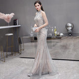 vigocouture-Silver Mermaid Halter Neck Beaded Prom Dresses 20021-Prom Dresses-vigocouture-