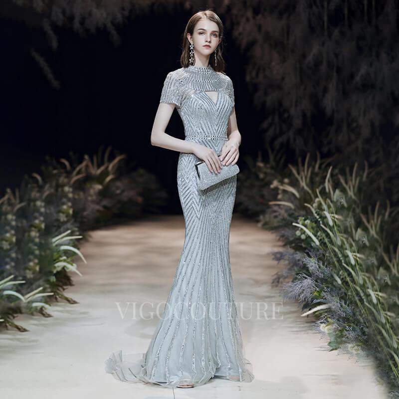vigocouture-Silver Mermaid Mock Neck Prom Dresses Short Sleeve Beaded Evening Dresses 20072-Prom Dresses-vigocouture-