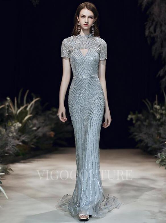 vigocouture-Silver Mermaid Mock Neck Prom Dresses Short Sleeve Beaded Evening Dresses 20072-Prom Dresses-vigocouture-Silver-US2-