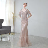 vigocouture-Silver Mermaid Prom Dresses V-neck Beaded Prom Dresses 20071-Prom Dresses-vigocouture-