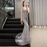 vigocouture-Silver Mermaid V-neck Beaded Prom Dresses 20023-Prom Dresses-vigocouture-