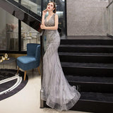 vigocouture-Silver Mermaid V-neck Beaded Prom Dresses 20023-Prom Dresses-vigocouture-