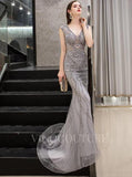 vigocouture-Silver Mermaid V-neck Beaded Prom Dresses 20023-Prom Dresses-vigocouture-Silver-US2-