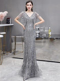 vigocouture-Silver Mermaid V-neck Beaded Prom Dresses 20064-Prom Dresses-vigocouture-Silver-US2-
