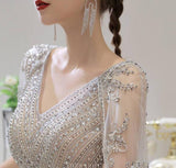 vigocouture-Silver Mermaid V-neck Prom Dresses Batwing Sleeve Beaded Prom Dresses 20053-Prom Dresses-vigocouture-