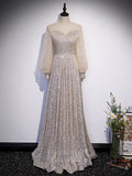 vigocouture-Silver Sequin Long Sleeve Boat Neck Prom Dress 20892-Prom Dresses-vigocouture-Silver-Custom Size-