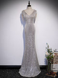 vigocouture-Silver Sequin Mermaid V-Neck Prom Dress 20904-Prom Dresses-vigocouture-Silver-Custom Size-