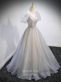 vigocouture-Silver Sparkly Tulle Prom Dresses Puffed Sleeve Formal Dresses 21348-Prom Dresses-vigocouture-