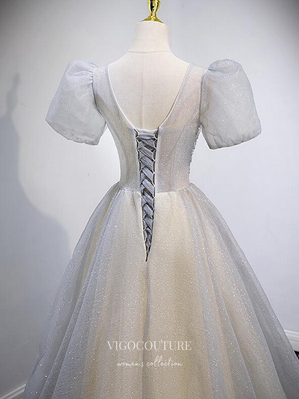 vigocouture-Silver Sparkly Tulle Prom Dresses Puffed Sleeve Formal Dresses 21348-Prom Dresses-vigocouture-