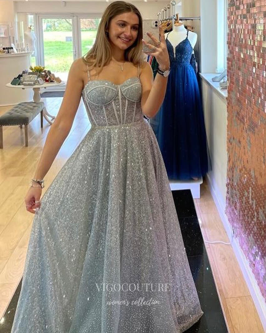 Silver Sparkly Tulle Prom Dresses Spaghetti Strap Evening Gown 22017-Prom Dresses-vigocouture-Silver-Custom Size-vigocouture