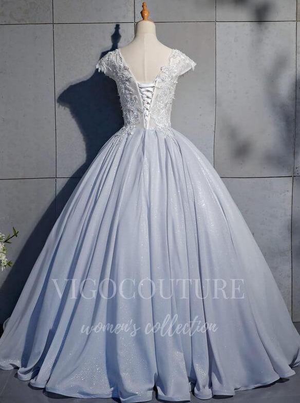 vigocouture-Silver V-Neck Quinceañera Dresses Lace Applique Ball Gown 20451-Prom Dresses-vigocouture-