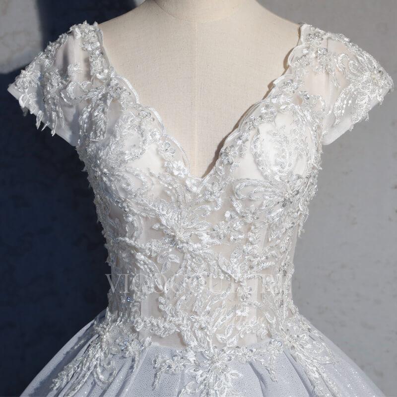 vigocouture-Silver V-Neck Quinceañera Dresses Lace Applique Ball Gown 20451-Prom Dresses-vigocouture-