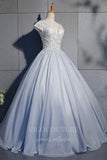 vigocouture-Silver V-Neck Quinceañera Dresses Lace Applique Ball Gown 20451-Prom Dresses-vigocouture-Silver-Custom Size-
