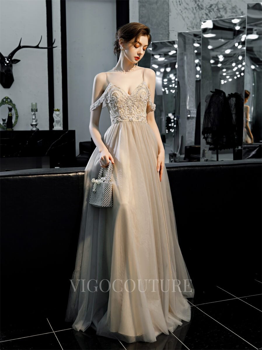 vigocouture-Spaghetti Strap A-line Beaded Prom Dress 20167-Prom Dresses-vigocouture-Khaki-US2-