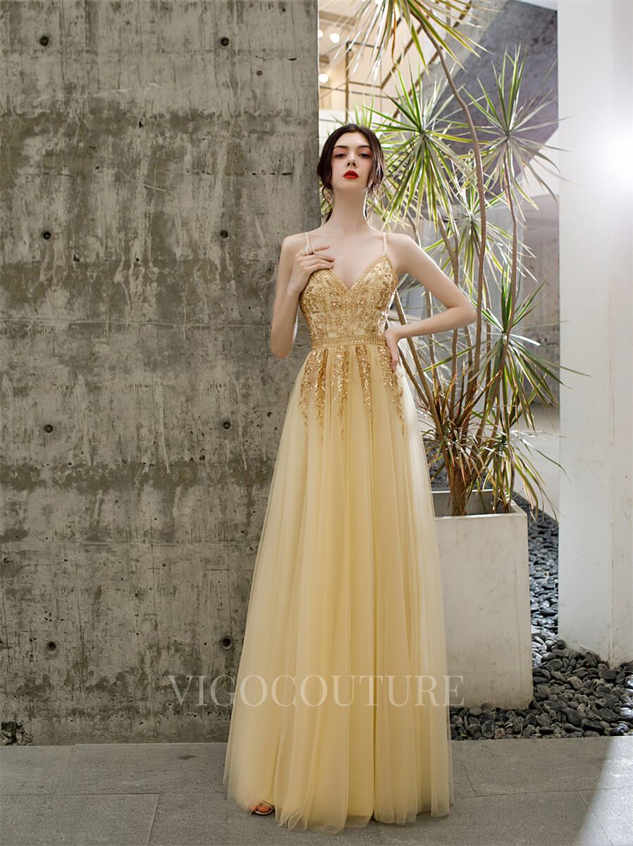 vigocouture-Spaghetti Strap A-line Prom Gown Beaded Prom Dresses 20174-Prom Dresses-vigocouture-Gold-US2-
