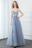 vigocouture-Spaghetti Strap Beaded A-Line Prom Dress 20796-Prom Dresses-vigocouture-Light Blue-US2-