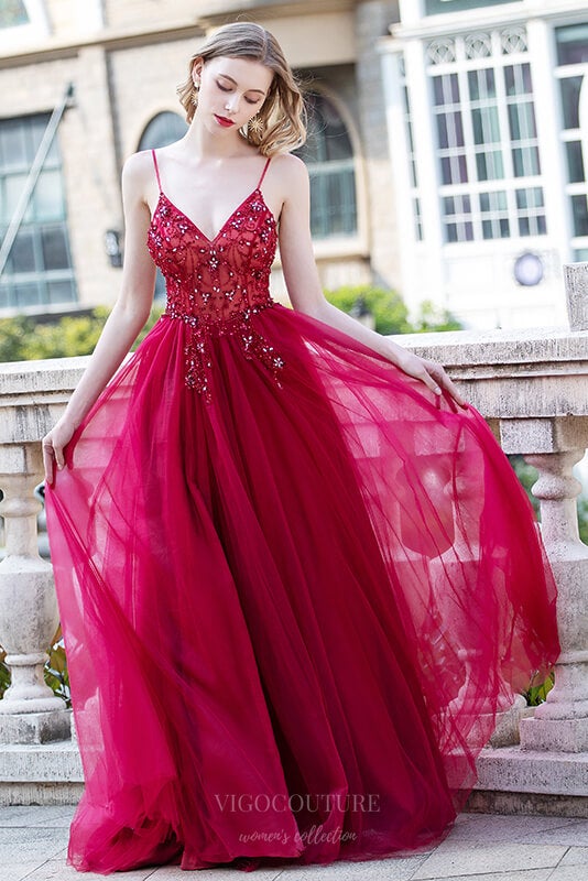 vigocouture-Spaghetti Strap Beaded A-Line Prom Dress 20796-Prom Dresses-vigocouture-Red-US2-