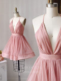 vigocouture-Spaghetti Strap Homecoming Dresses Plunging V-Neck Hoco Dress hc003-Prom Dresses-vigocouture-Blush-US2-