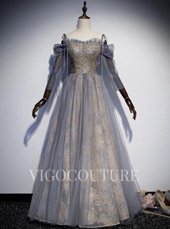 vigocouture-Spaghetti Strap Lace Applique Prom Dresses A-line Prom Gown 20274-Prom Dresses-vigocouture-Grey-US2-