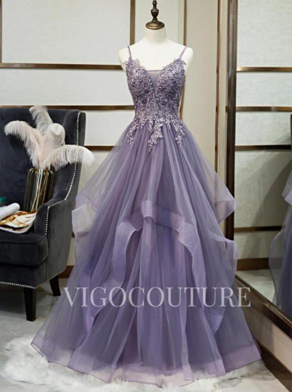 vigocouture-Spaghetti Strap Lace Applique Prom Dresses A-line Tiered Prom Gown 20279-Prom Dresses-vigocouture-Mauve-US2-