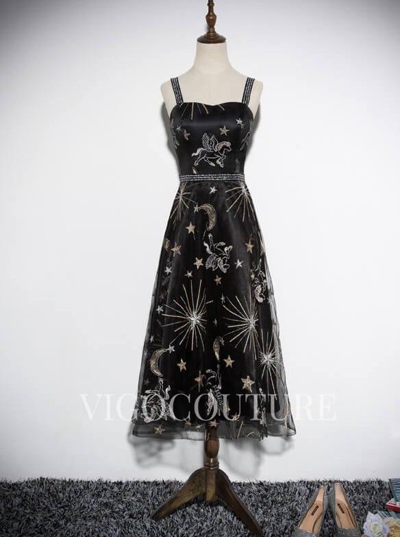 vigocouture-Spaghetti Strap Lace Prom Dress 2022 Mid-length A-line Dress-Prom Dresses-vigocouture-Black-US2-