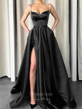 Spaghetti Strap Mocha Prom Dresses With Slit Satin A-Line Evening Dress 21810-Prom Dresses-vigocouture-Black-US2-vigocouture