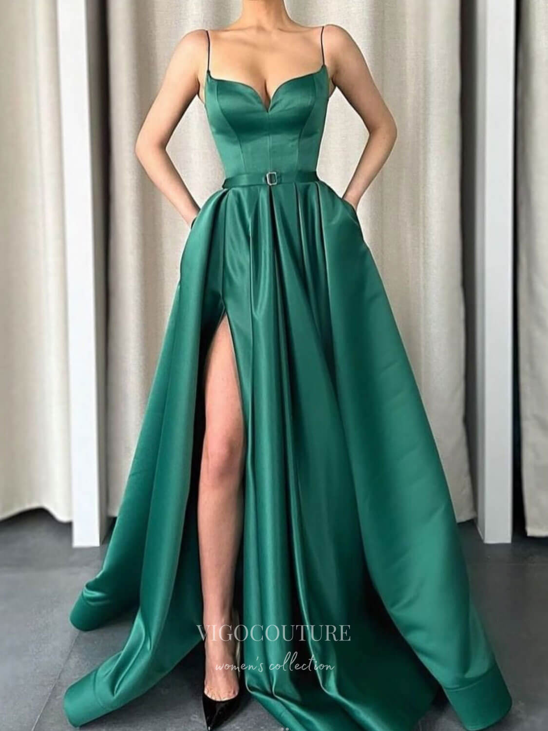 Spaghetti Strap Mocha Prom Dresses With Slit Satin A-Line Evening Dress 21810-Prom Dresses-vigocouture-Green-US2-vigocouture