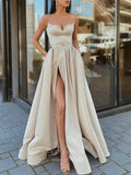 Spaghetti Strap Mocha Prom Dresses With Slit Satin A-Line Evening Dress 21810-Prom Dresses-vigocouture-Mocha-US2-vigocouture