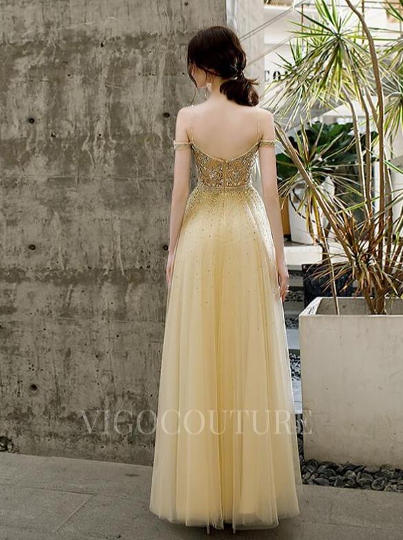 vigocouture-Spaghetti Strap Prom Dresses A-line Prom Gown Beaded 20176-Prom Dresses-vigocouture-