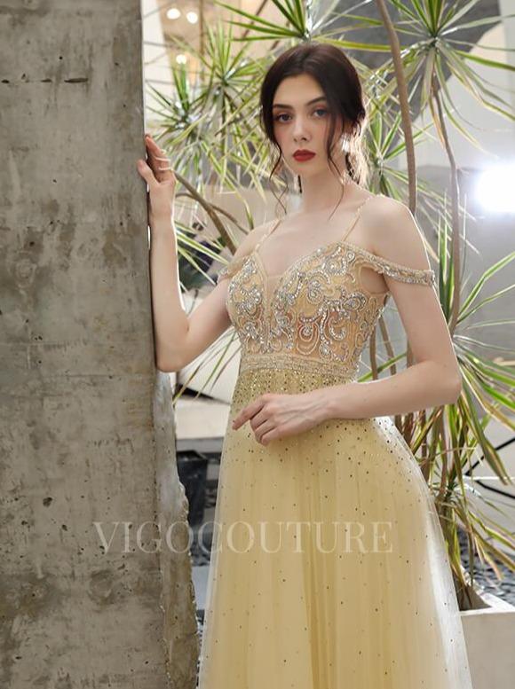 vigocouture-Spaghetti Strap Prom Dresses A-line Prom Gown Beaded 20176-Prom Dresses-vigocouture-Gold-US2-